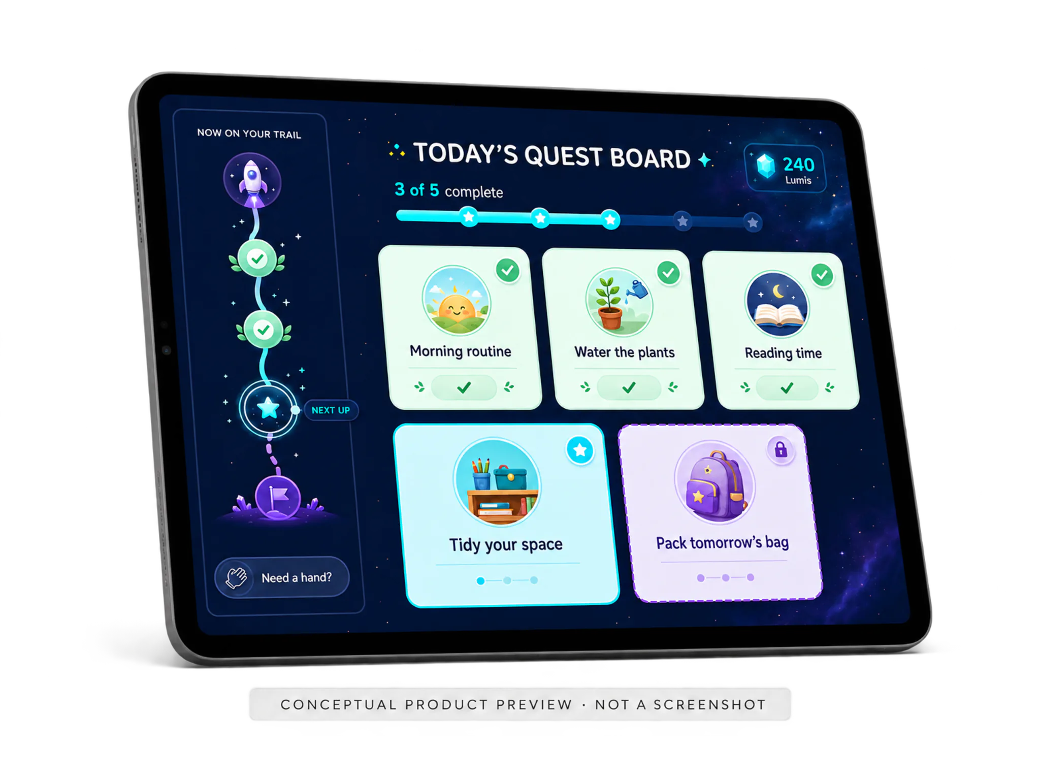 Angled tablet displaying the conceptual child Quest Board, visibly labeled as a conceptual product preview rather than a screenshot.